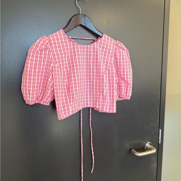 Sunday S EUC gingham Pink Plaid Puff Sleeve Top with lace up back (Aritzia) - Picture 2 of 12